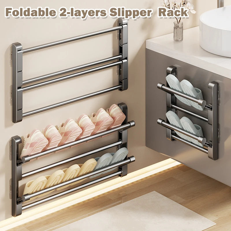 Bathroom Slippers Rack Wall-mounted Punch-free Double Layers Slippers Hanger Shoe Shelf Foldable slipper Shoes Organizer  Rack
